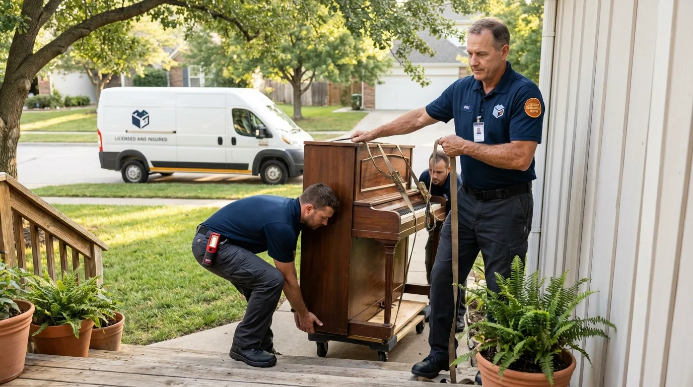Licensed piano movers securing grand piano in Warren, MN
