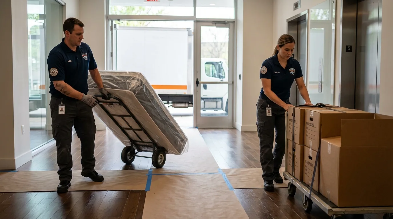 Professional apartment movers loading elevator in Warren, MN