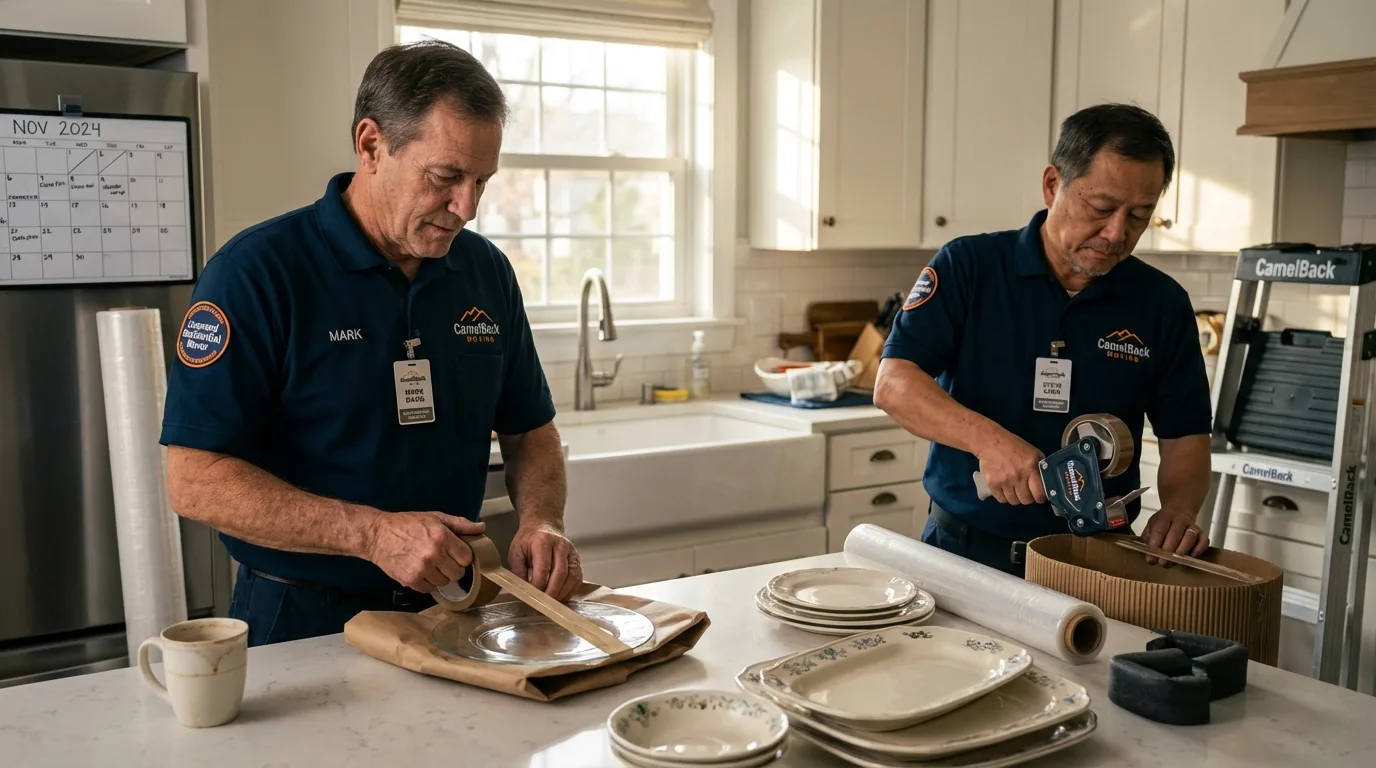 Professional crew packing kitchen dishware in Warren, MN